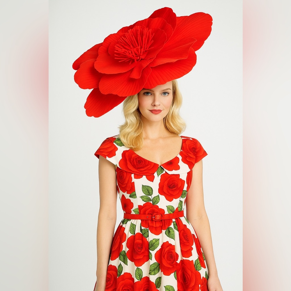 Kentucky Derby Hat Large Statement Red Flower Rose Ascot Tea Fascinator